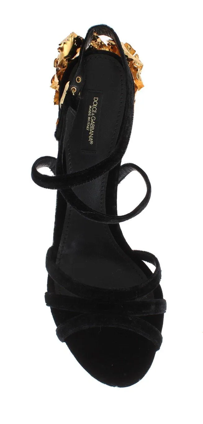 Black Velvet Gold Leaf Sandal Shoes