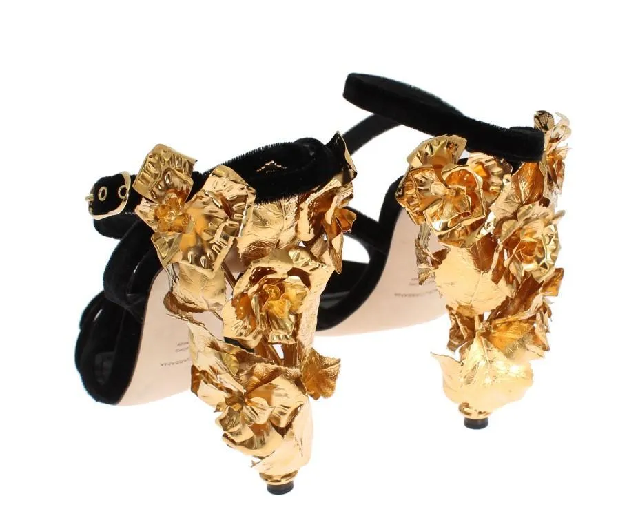 Black Velvet Gold Leaf Sandal Shoes