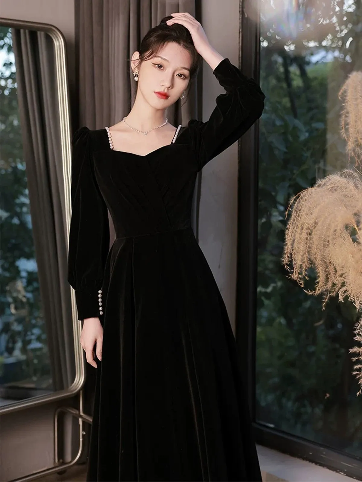 Black Velvet Long Sleeves A-line Long Formal Dress, Black Bridesmaid Dress