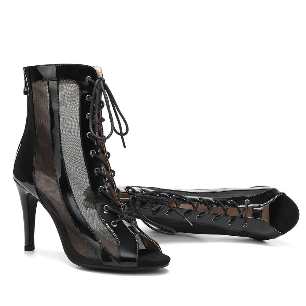 Black Women's Mesh Lace-Up Dance Boots