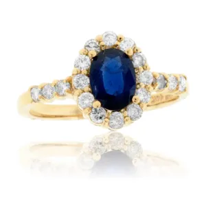 Blue Sapphire and Diamond Halo Ring