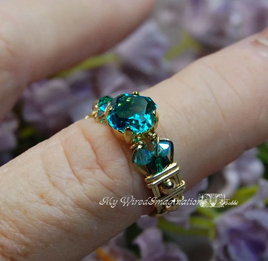 Blue Zircon Handmade Ring, Vintage Crystal, 14K GF US Size 6 and 7