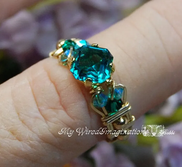 Blue Zircon Handmade Ring, Vintage Crystal, 14K GF US Size 6 and 7