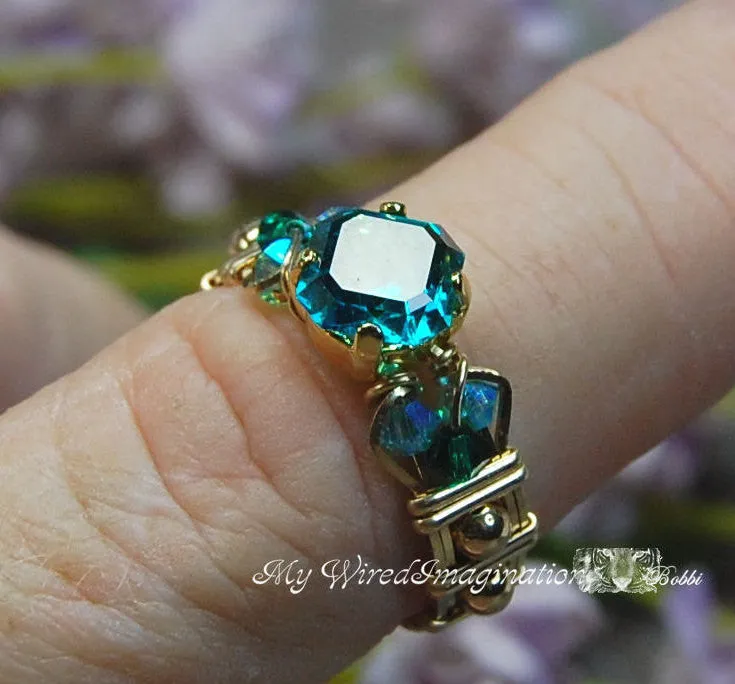 Blue Zircon Handmade Ring, Vintage Crystal, 14K GF US Size 6 and 7