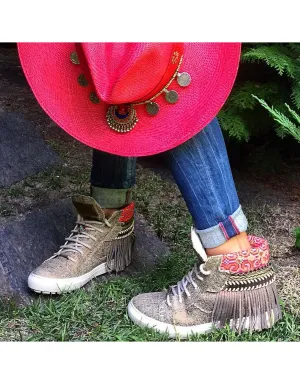 Boho Sneakers with Fringe - Bronze