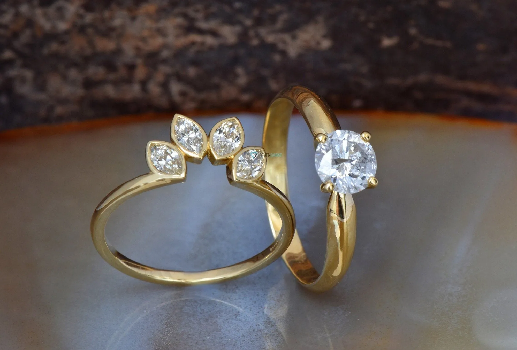 Bridal set rings yellow gold-Diamond Cluster wedding set-Flower jewelry ring-Art deco wedding ring set-4 prong engagement-curved band set