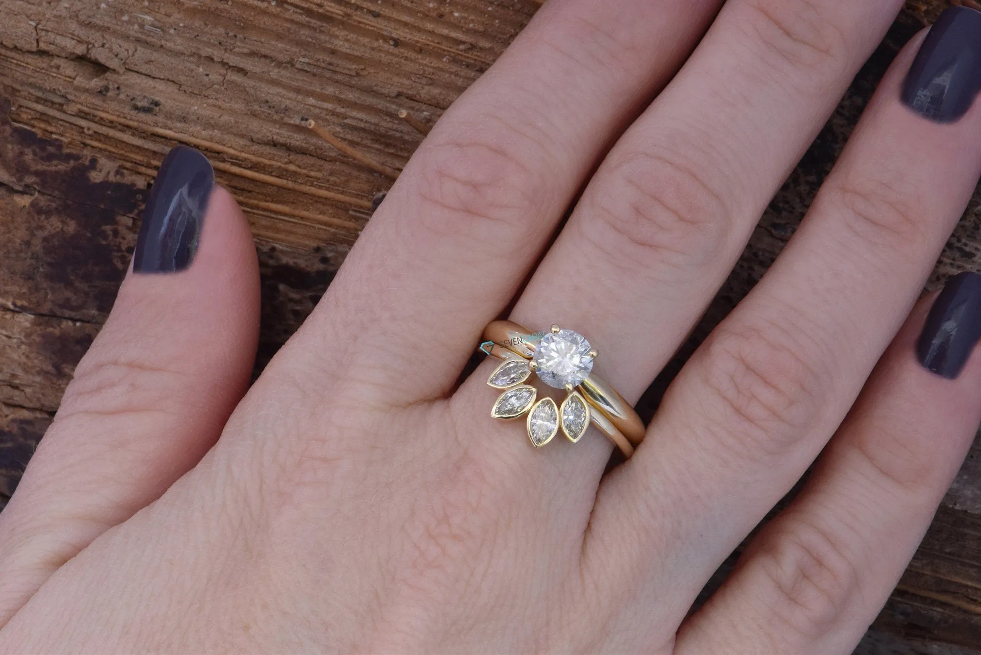 Bridal set rings yellow gold-Diamond Cluster wedding set-Flower jewelry ring-Art deco wedding ring set-4 prong engagement-curved band set