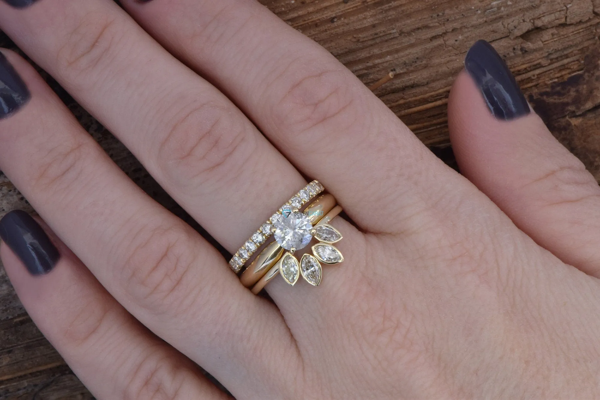 Bridal set rings yellow gold-Diamond Cluster wedding set-Flower jewelry ring-Art deco wedding ring set-4 prong engagement-curved band set