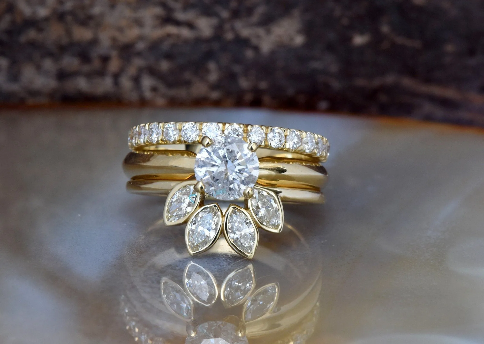 Bridal set rings yellow gold-Diamond Cluster wedding set-Flower jewelry ring-Art deco wedding ring set-4 prong engagement-curved band set