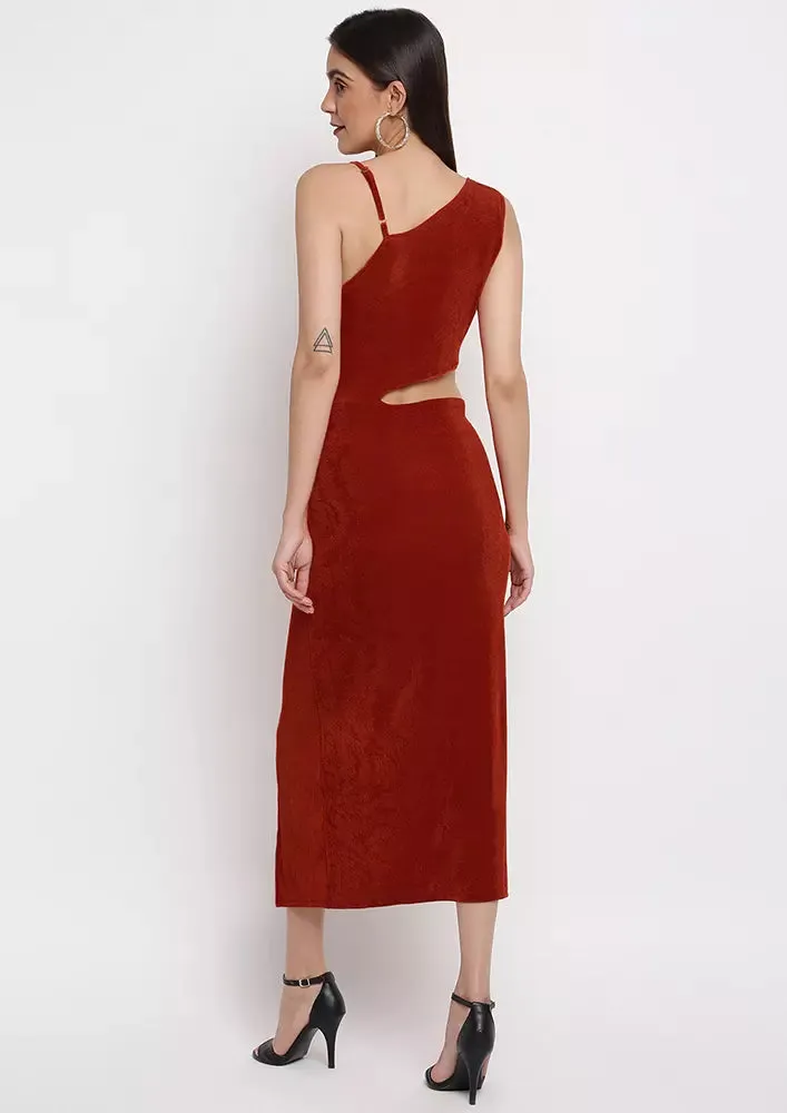 Brown Cut-Out One Shoulder Midi Dress