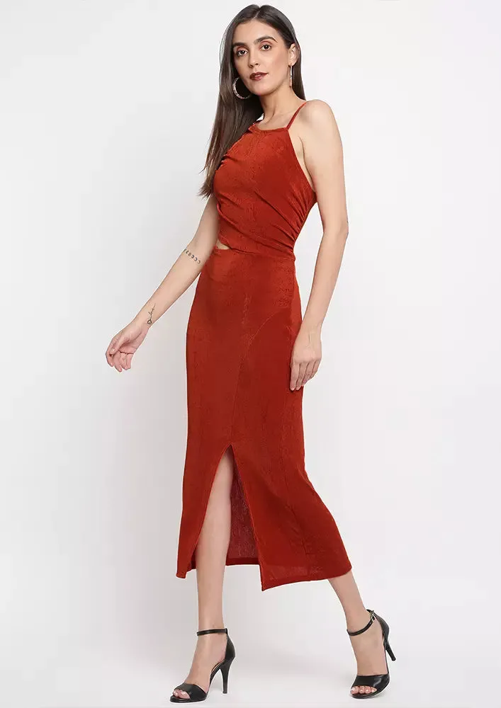 Brown Cut-Out One Shoulder Midi Dress