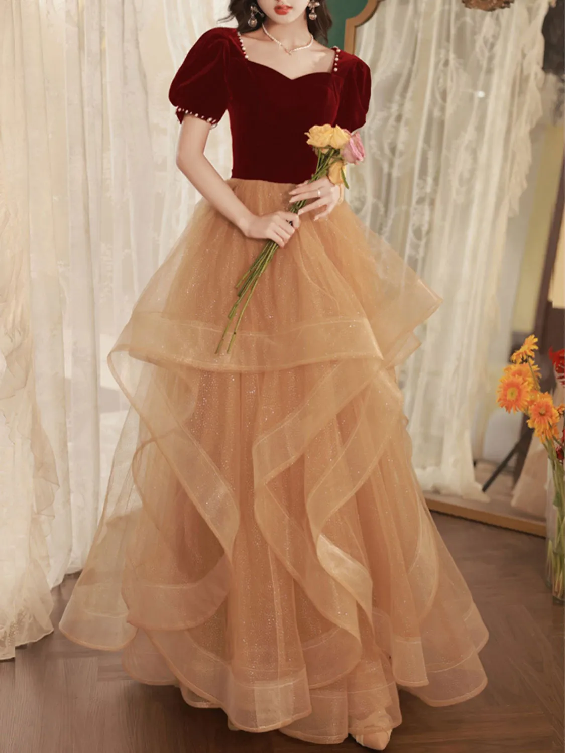 Champagne A-Line Long Prom Dresses, Champagne Formal Evening Dresses