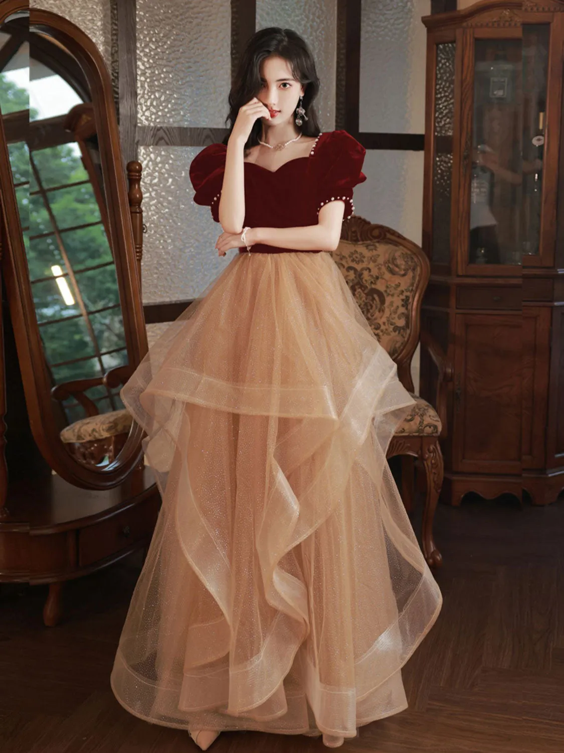 Champagne A-Line Long Prom Dresses, Champagne Formal Evening Dresses