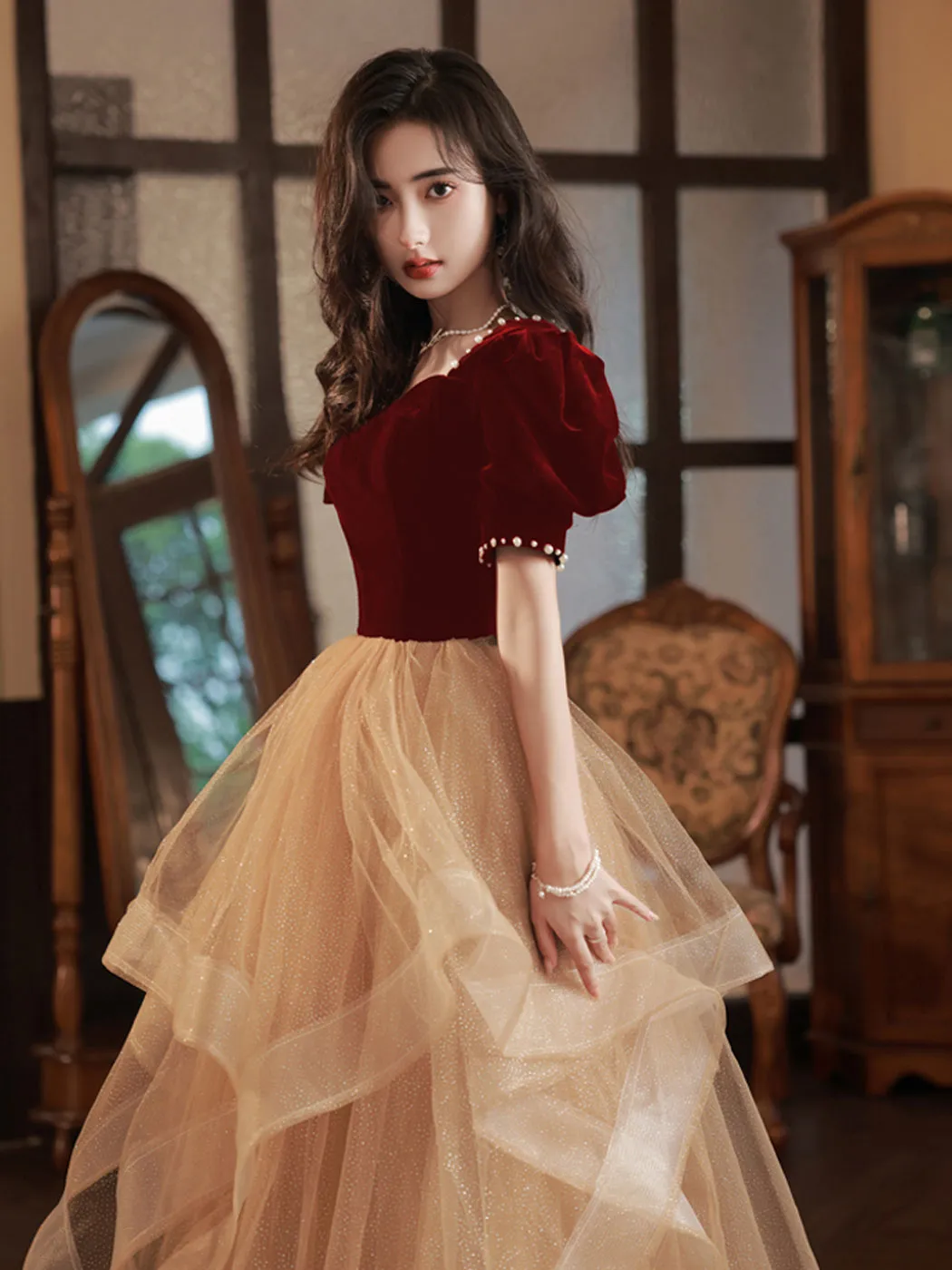 Champagne A-Line Long Prom Dresses, Champagne Formal Evening Dresses