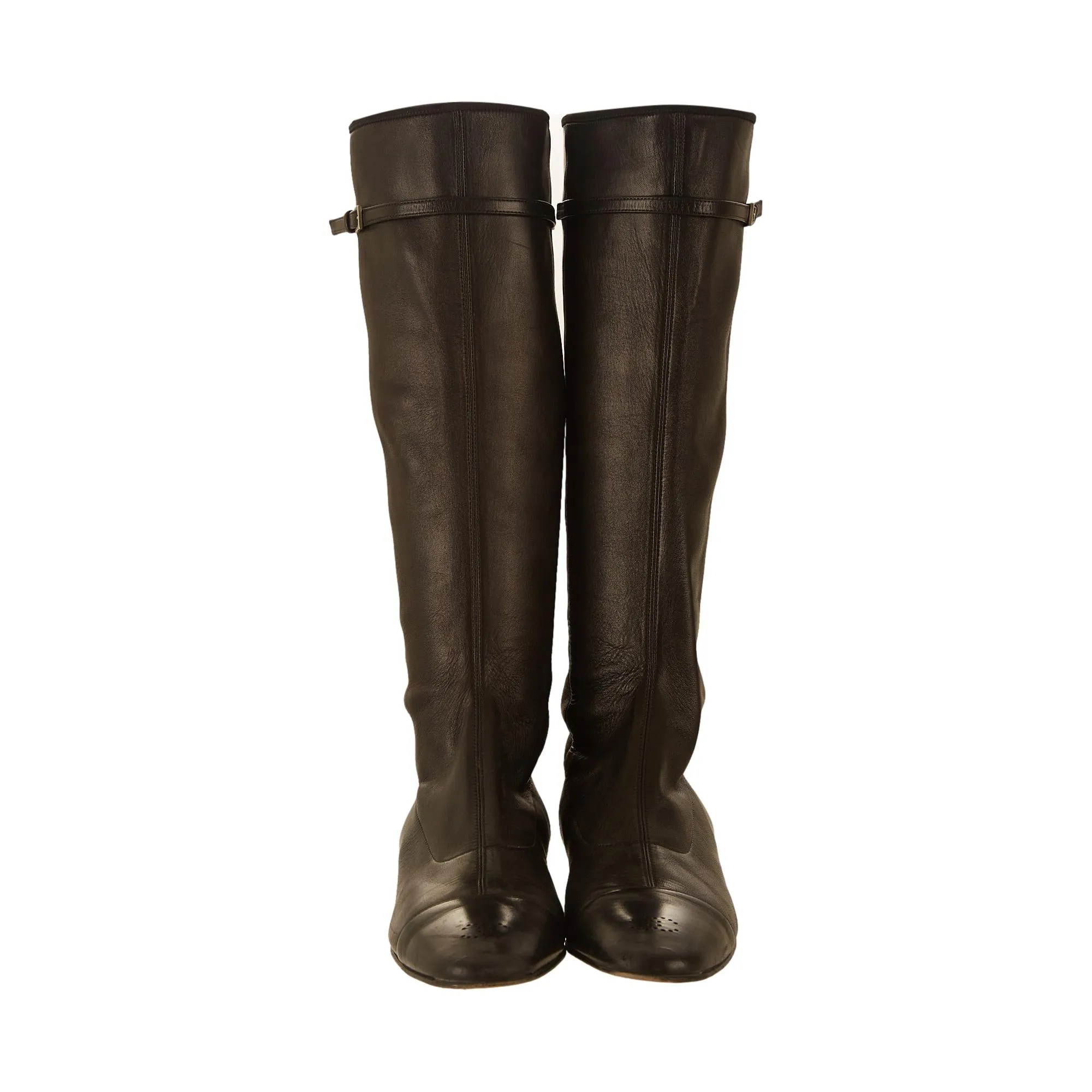 Chanel Black Leather Perforated Logo Boots