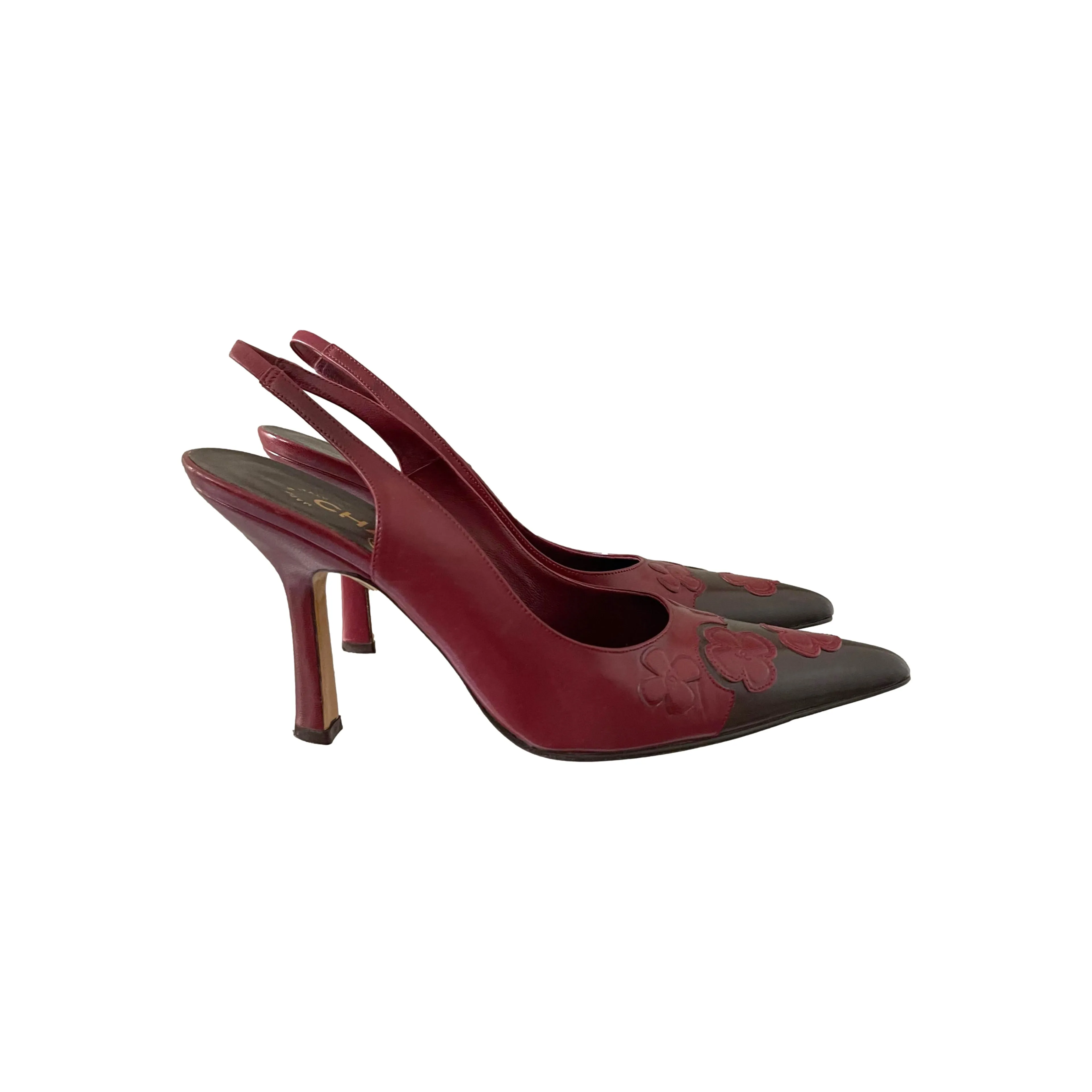 Chanel Red Floral Logo Heels