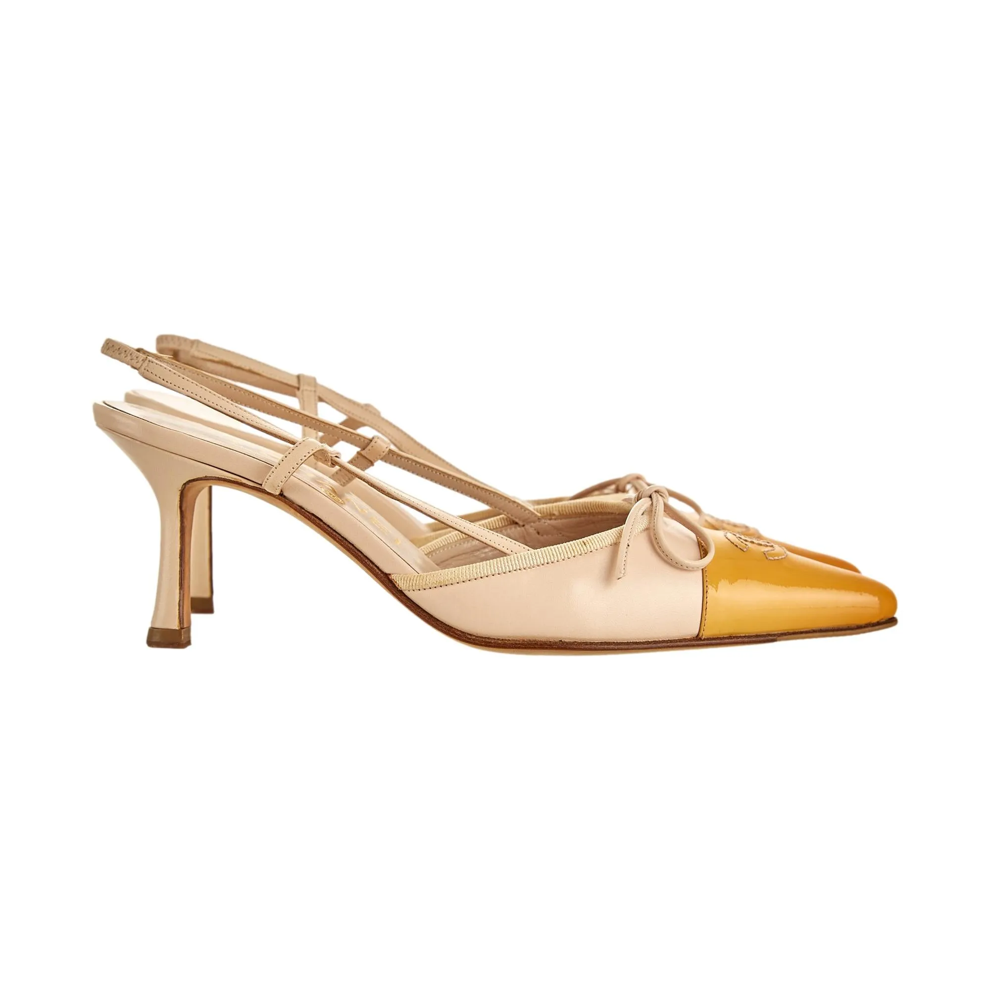 Chanel Yellow Logo Bow Slingback Heels
