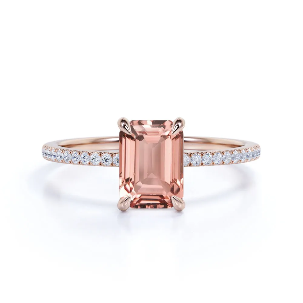 Classic 1.25 carat emerald cut peach pink Morganite Engagement Ring in Rose Gold