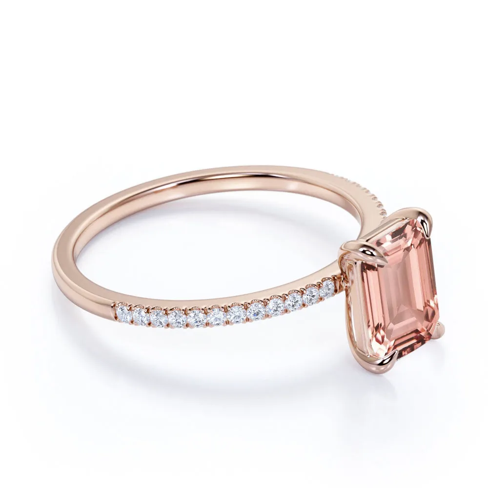 Classic 1.25 carat emerald cut peach pink Morganite Engagement Ring in Rose Gold