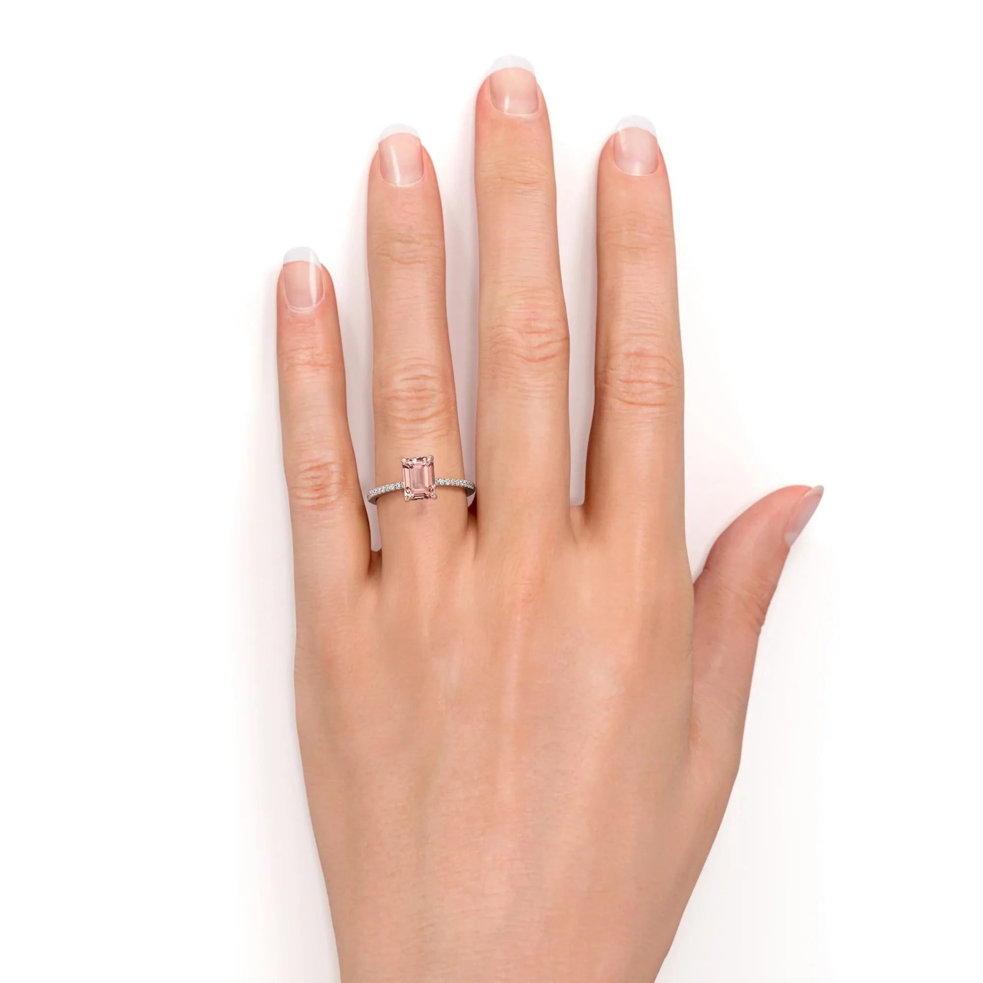 Classic 1.25 carat emerald cut peach pink Morganite Engagement Ring in Rose Gold