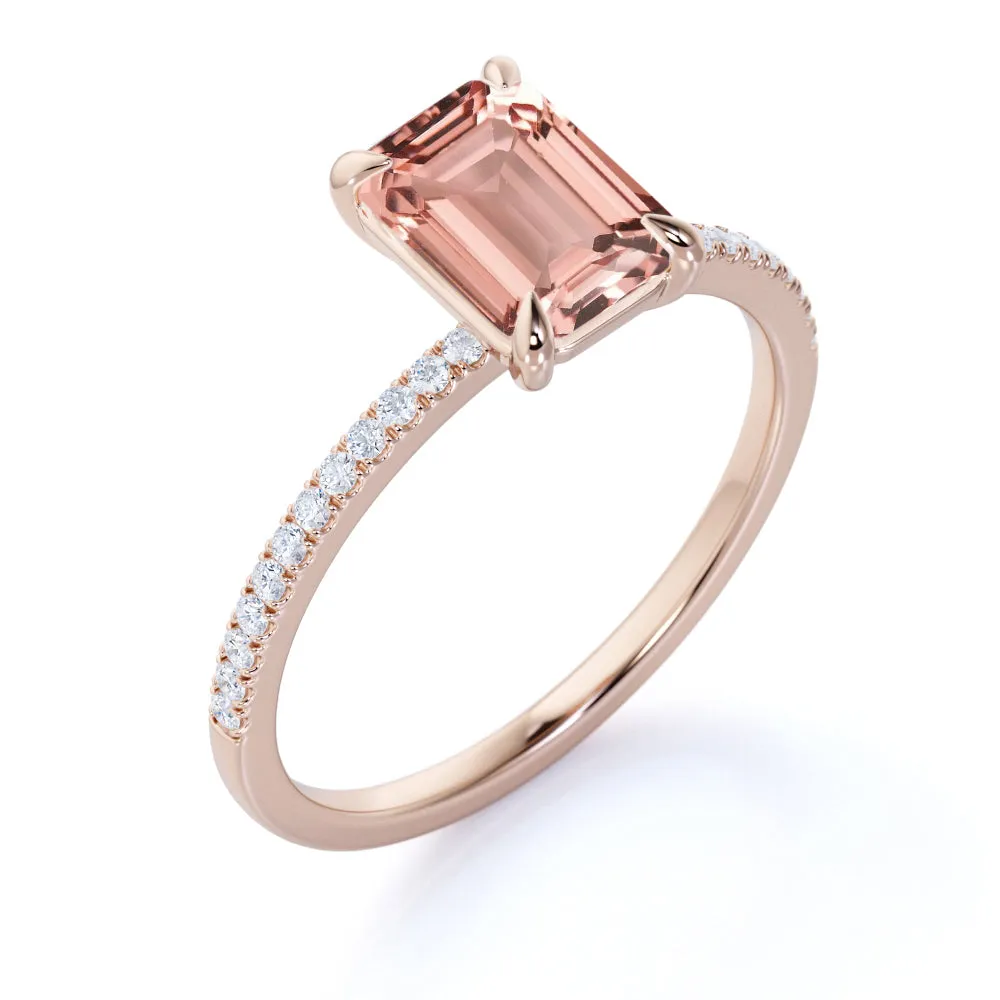 Classic 1.25 carat emerald cut peach pink Morganite Engagement Ring in Rose Gold