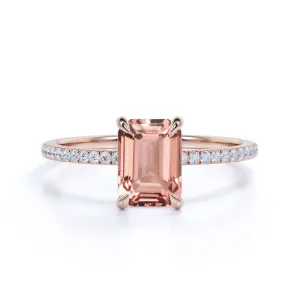 Classic 1.25 carat emerald cut peach pink Morganite Engagement Ring in Rose Gold