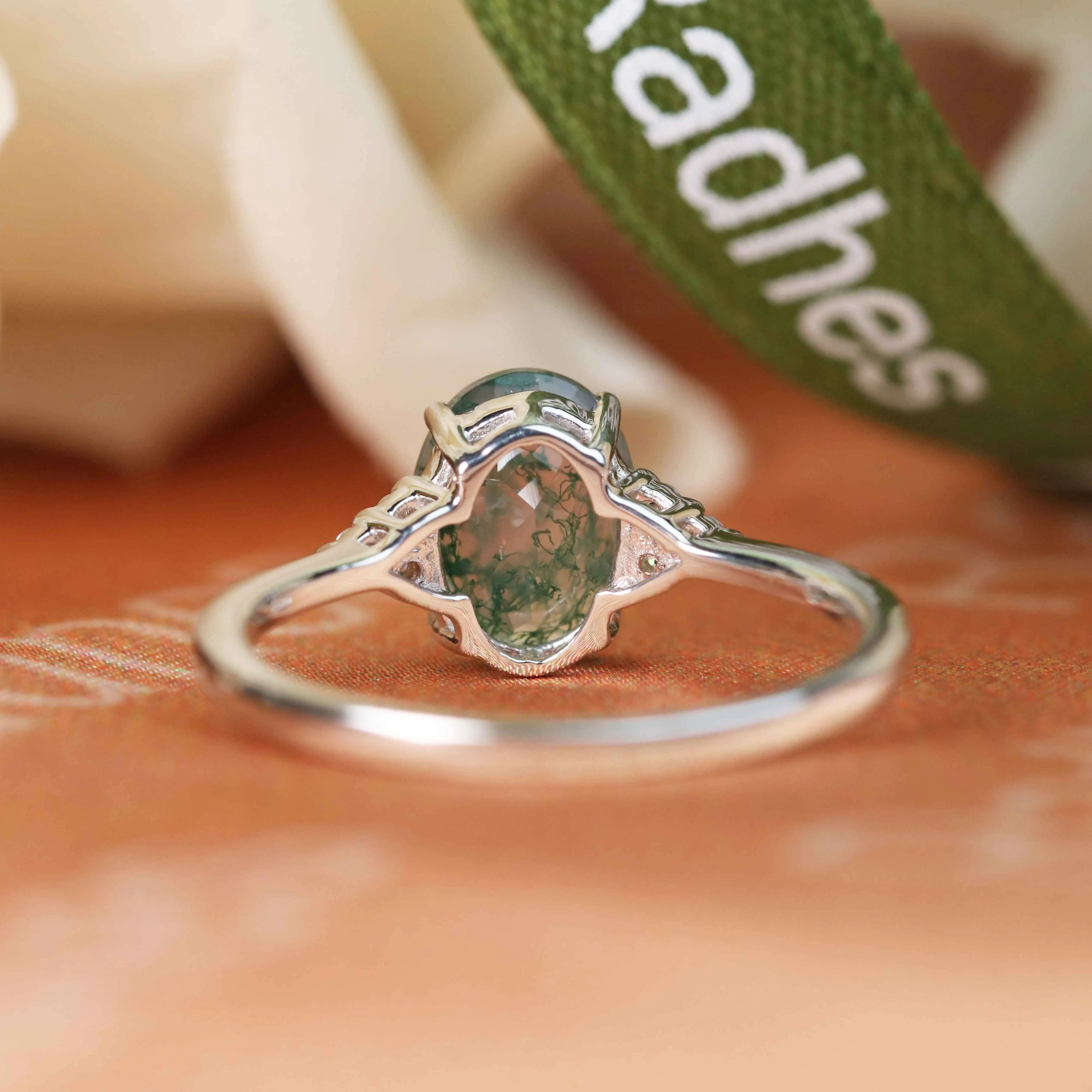 Classic 7 Stone 1.1 carat Oval Cut Moss Green Agate and Diamond Plain Shank Wedding Ring in White Gold