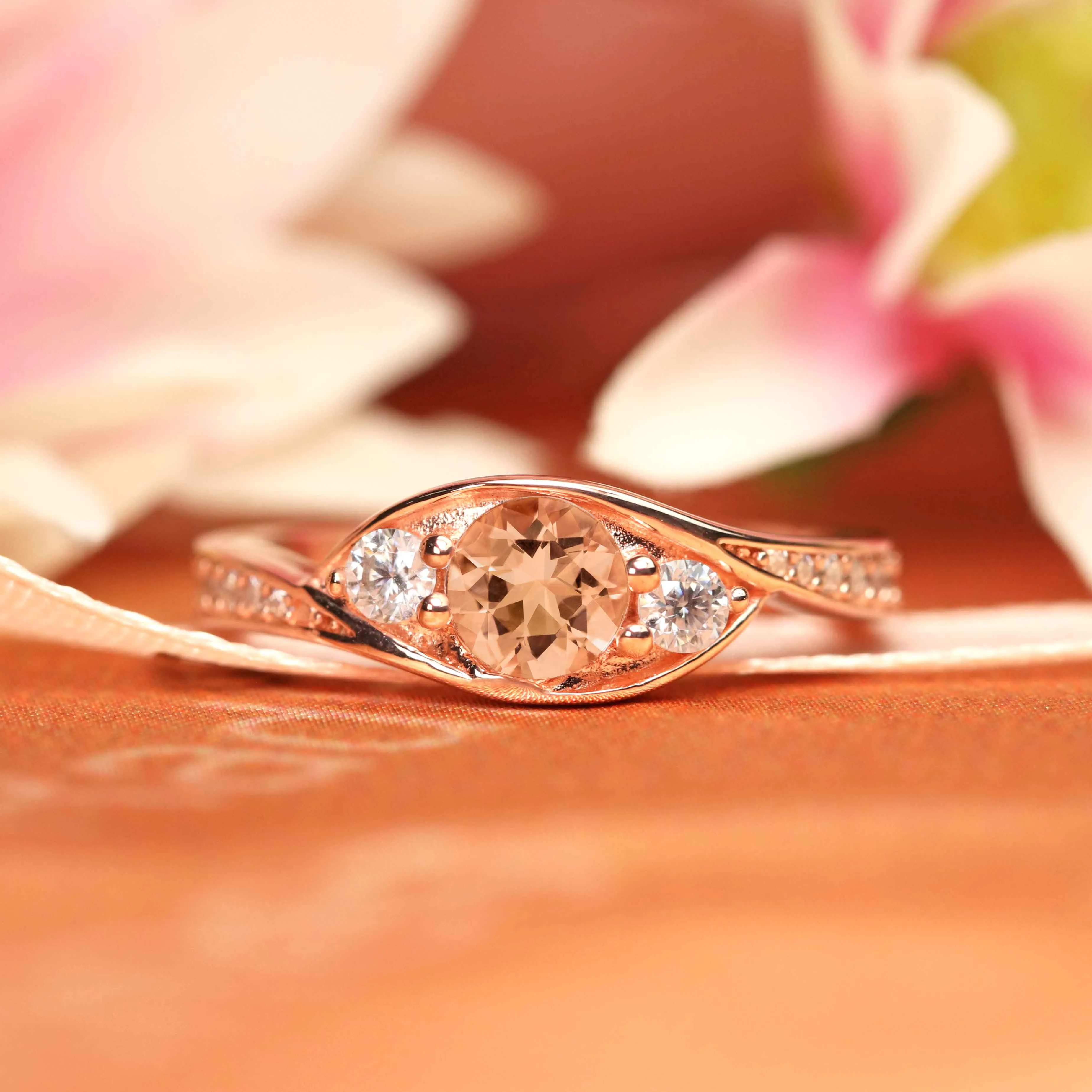 Classic Three Stone Halo 1.2 carat Morganite Vintage Evil Eye Ring for Women