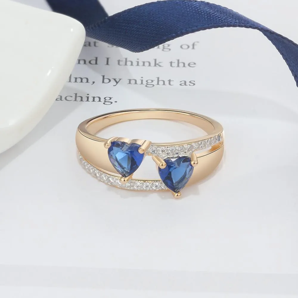 Copper Gold Blue Heart Cubic Zirconia Stone Rings, Trendy Fashion Jewelry Gift for Women