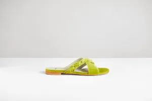 Cotton Velvet Vegan Braided Cross Strap Slider Sandals | Acido Green
