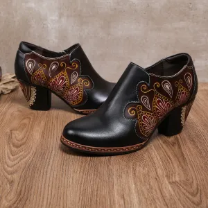 CrazycatZ Leather Pumps,Women  Vintage Block Heel Oxford Vintage Shoes Floral Oxford Shoes Black