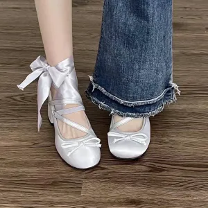 creamtopmall Women Retro Mary Jane Heels, Women Vintage Ballerina Shoes, Women Plain Toe Bow Decor Low Heels, Women Retro Pink Sliver Ballet Shoes