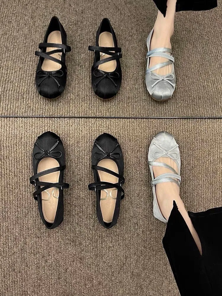 creamtopmall Women Retro Mary Jane Shoes, Ballerina Vintage Flats Shoes, Plain Toe Ballet Flats for Women, Round Toe Retro Black Pink Sliver Shoes