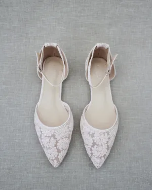 Crochet Lace Pointy Toe Flats with Ankle Strap
