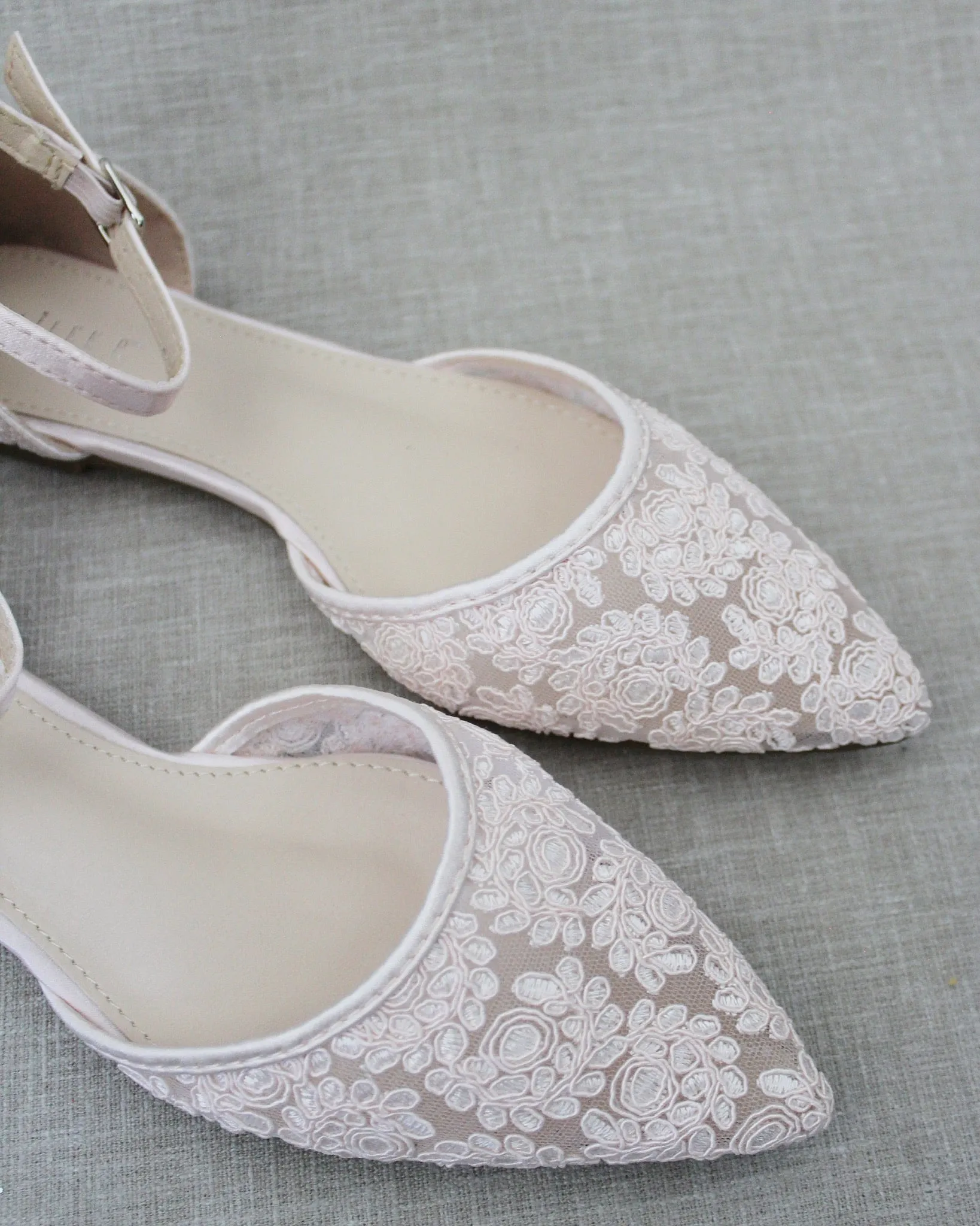 Crochet Lace Pointy Toe Flats with Ankle Strap