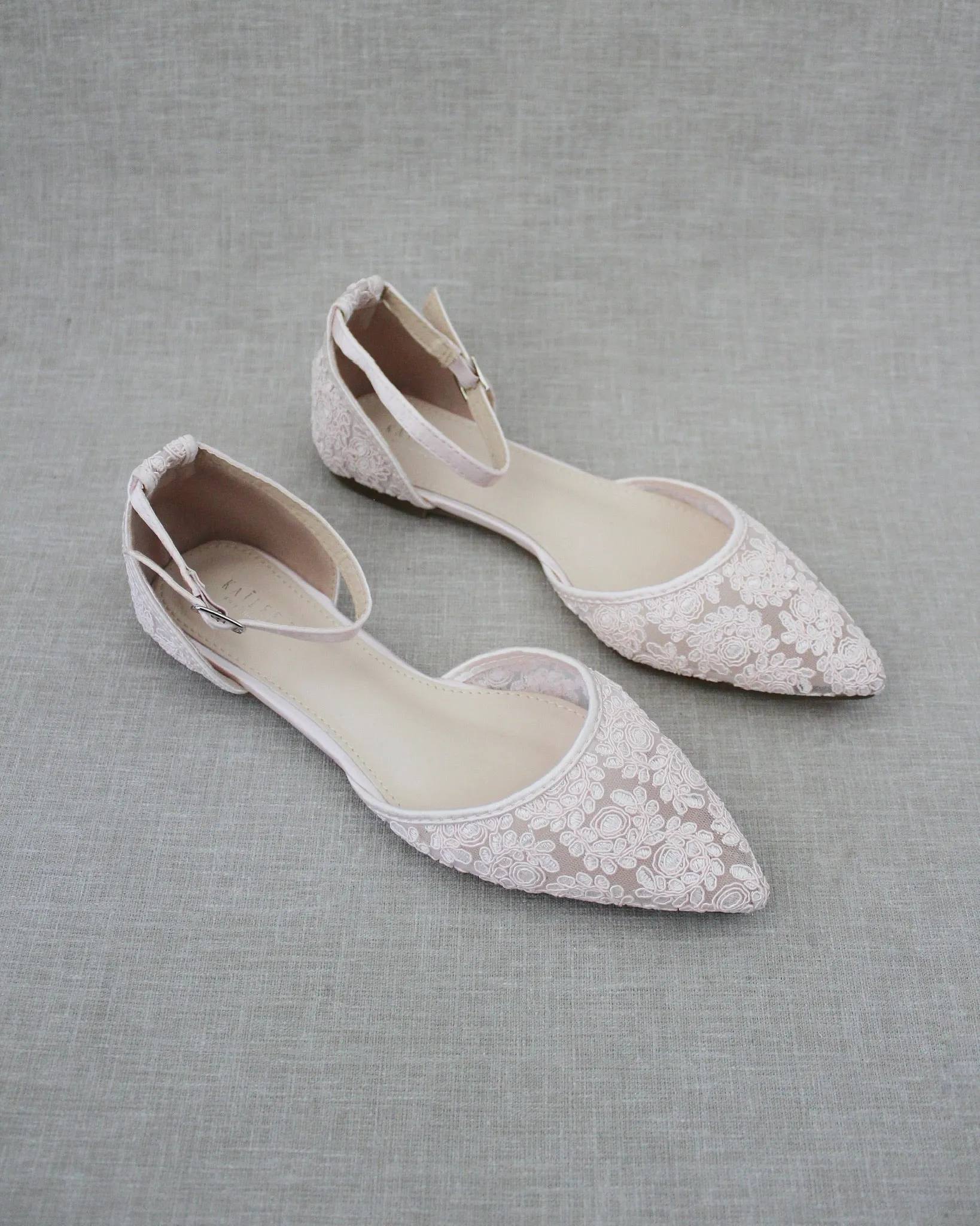 Crochet Lace Pointy Toe Flats with Ankle Strap