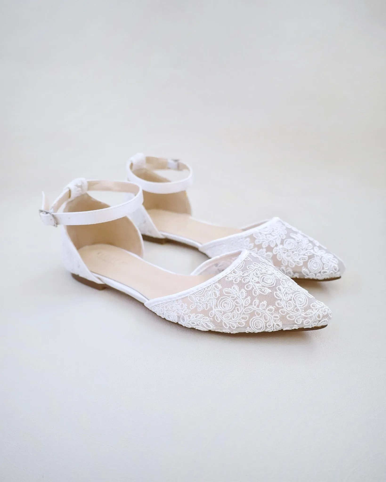 Crochet Lace Pointy Toe Flats with Ankle Strap