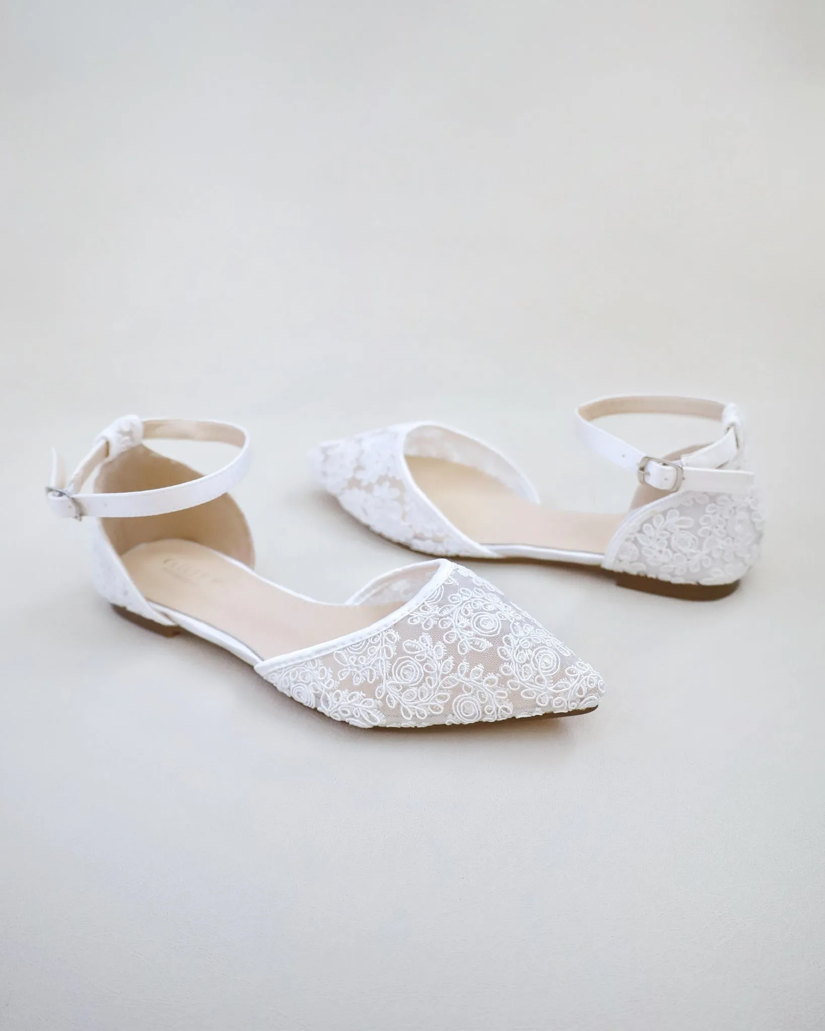 Crochet Lace Pointy Toe Flats with Ankle Strap