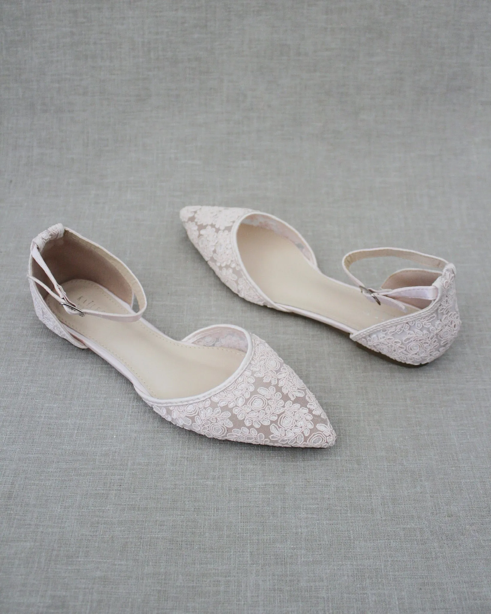 Crochet Lace Pointy Toe Flats with Ankle Strap