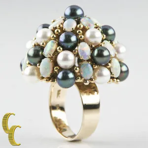 Cultured Freshwater Pearl, Opal Dome 18k Yellow Gold Cocktail Ring Size 8.5
