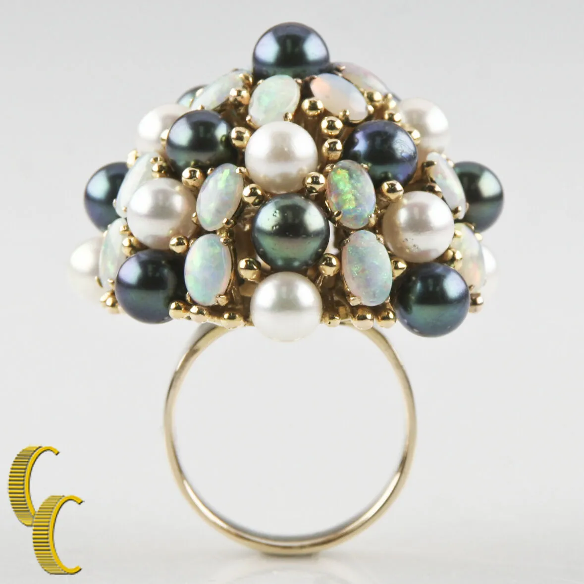 Cultured Freshwater Pearl, Opal Dome 18k Yellow Gold Cocktail Ring Size 8.5