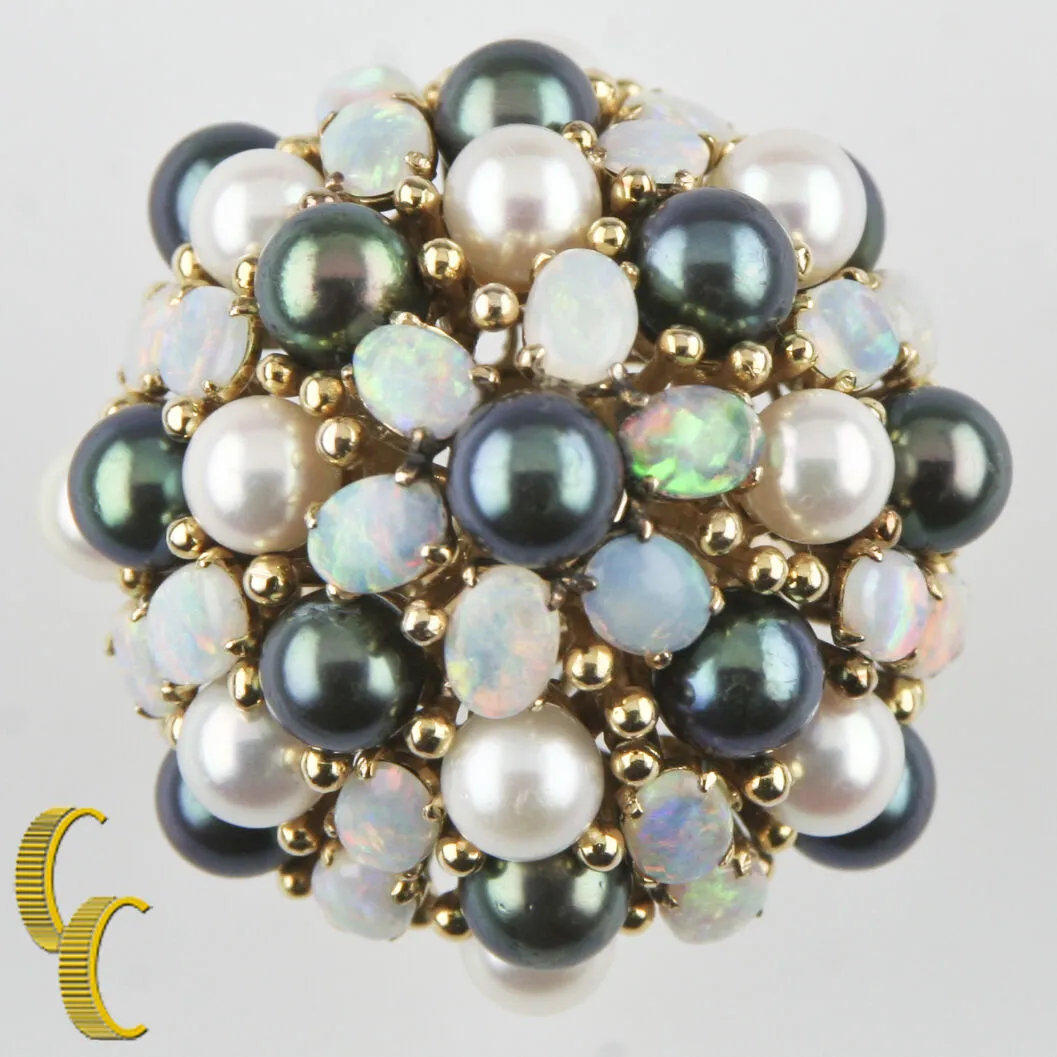 Cultured Freshwater Pearl, Opal Dome 18k Yellow Gold Cocktail Ring Size 8.5
