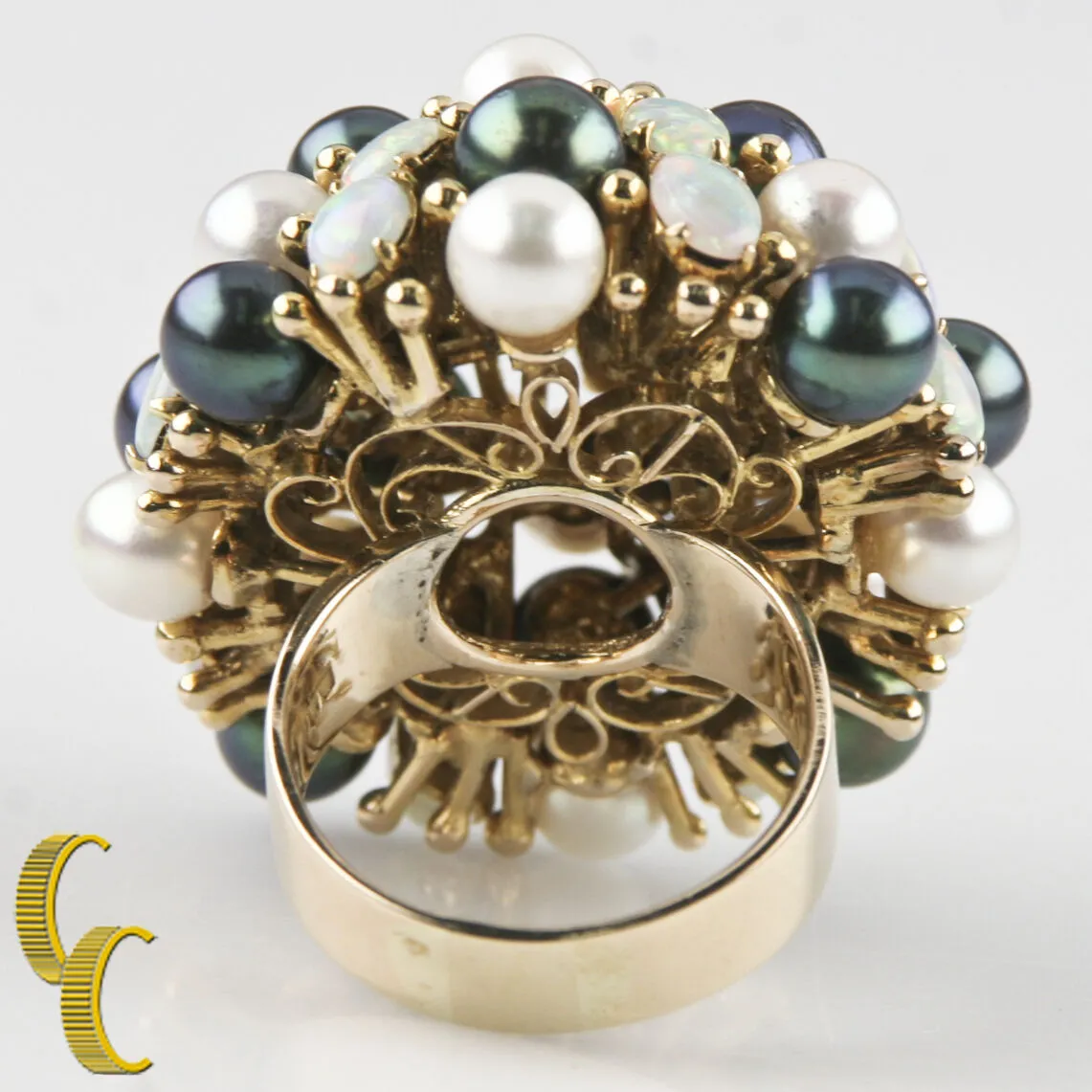 Cultured Freshwater Pearl, Opal Dome 18k Yellow Gold Cocktail Ring Size 8.5