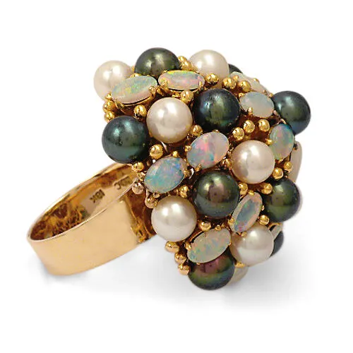 Cultured Freshwater Pearl, Opal Dome 18k Yellow Gold Cocktail Ring Size 8.5