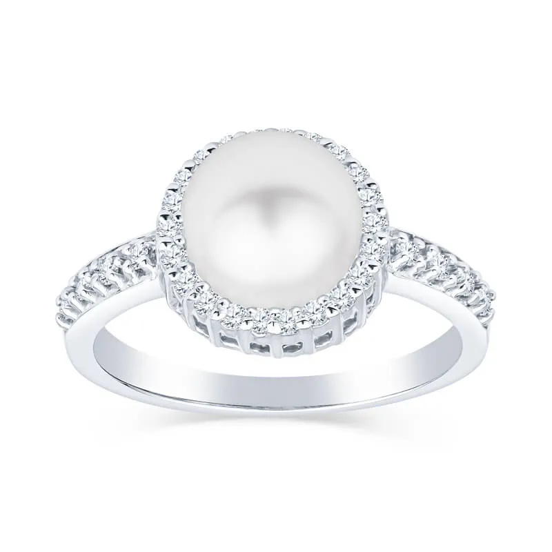 Cultured Pearl and Diamond Halo Ring Large