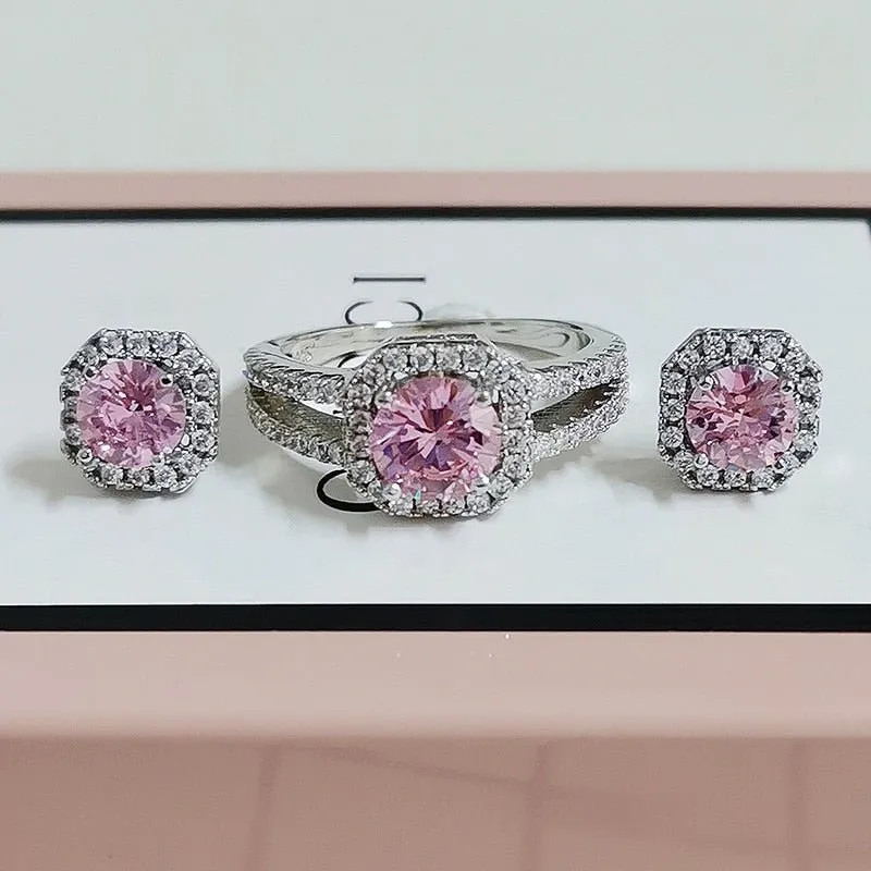 Cushion Pink Zircon Jewelry Set Ring Earrings Engagement For Women
