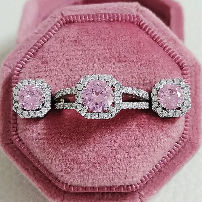 Cushion Pink Zircon Jewelry Set Ring Earrings Engagement For Women