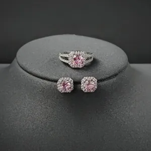 Cushion Pink Zircon Jewelry Set Ring Earrings Engagement For Women