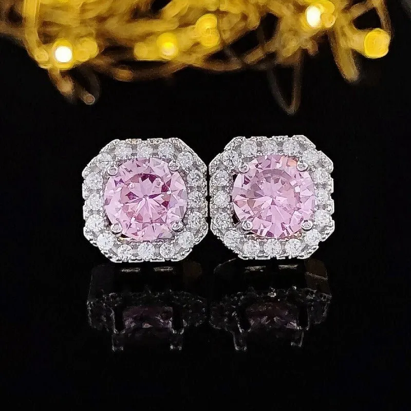 Cushion Pink Zircon Jewelry Set Ring Earrings Engagement For Women