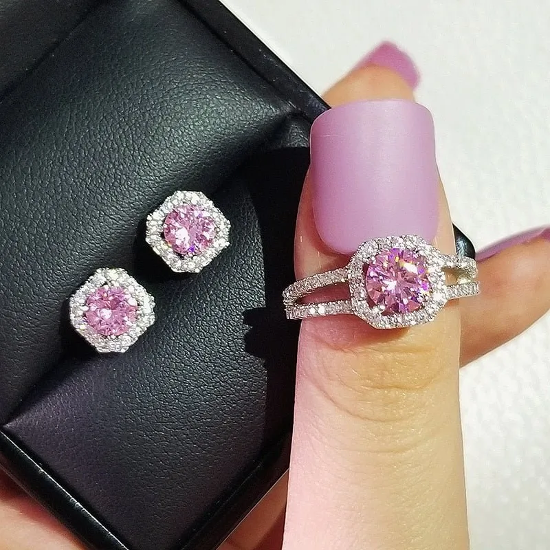 Cushion Pink Zircon Jewelry Set Ring Earrings Engagement For Women